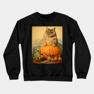 Weird Vintage Fat Cat and Pumpkin Halloween Collage - Whimsical Retro Charm Crewneck Sweatshirt